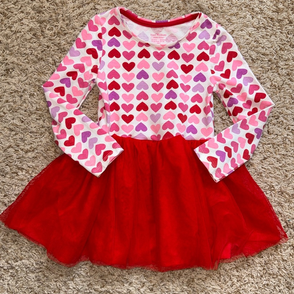 Size 4 girls colorful heart and layered red tulle dress.